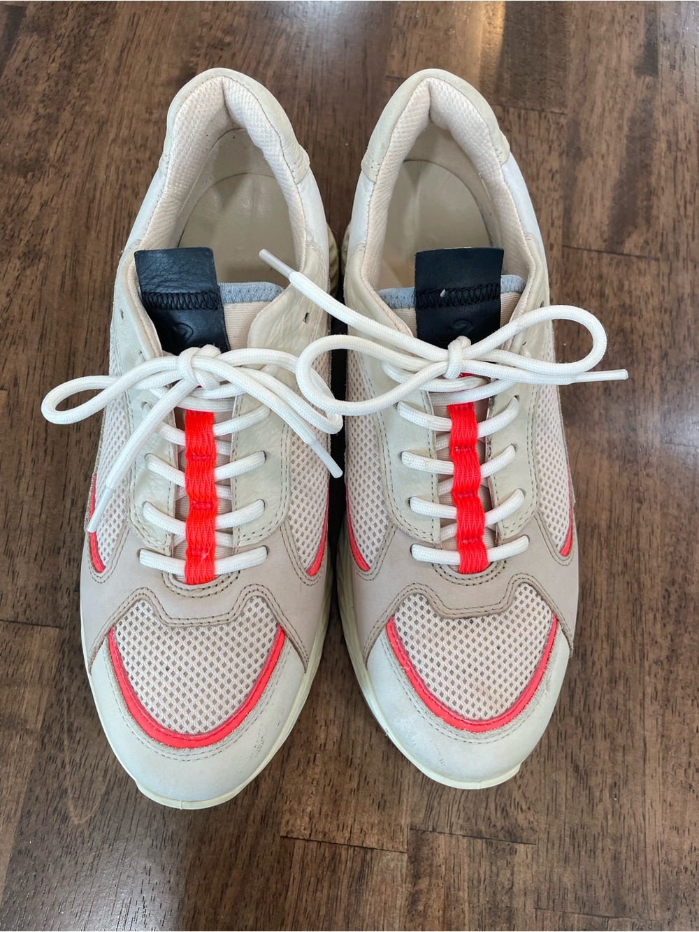 Ecco Women’s Athletic Sneakers in Cream with Neon Red Accents